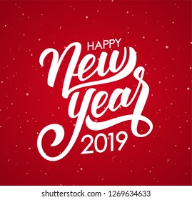 Vector illustration. Brush type lettering composition of Happy New Year 2019 in frame on red snowflakes background.