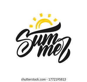 Vector illustration: Brush type lettering  of Summer Vacation with doodle sun on white background. 