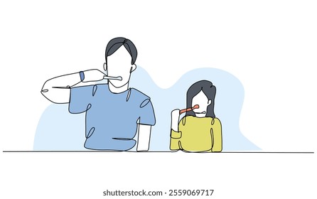 Vector illustration of brush your teeth with your family. Modern flat in continuous line style.