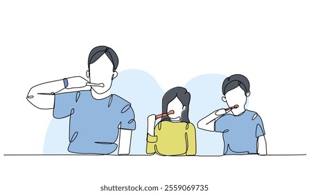 Vector illustration of brush your teeth with your family. Modern flat in continuous line style.