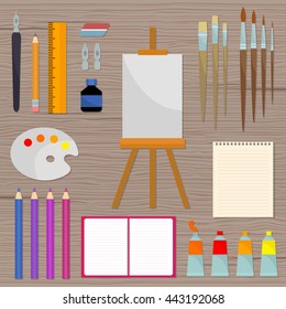 Vector illustration with brushes, pencils, pen, easel, notebook. Elements for design.