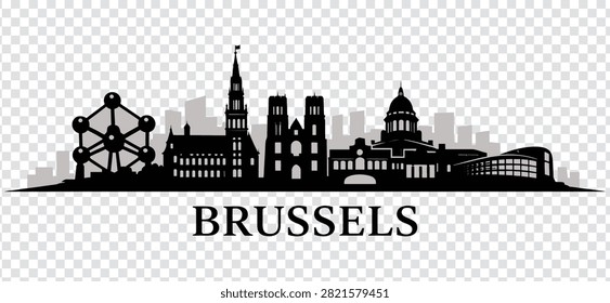 Vector illustration of the Brussels city skyline, featuring iconic landmarks and buildings in a black silhouette style against a transparent background.