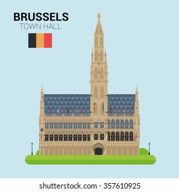 Vector illustration of Brussels Town Hall (Brussels, Belgium). Monuments and landmarks Collection. EPS 10 file compatible and editable.
