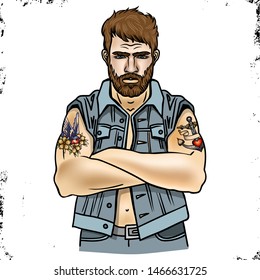 Vector illustration of a brutal bearded man, macho with Old School tattoo folded his arms over his chest