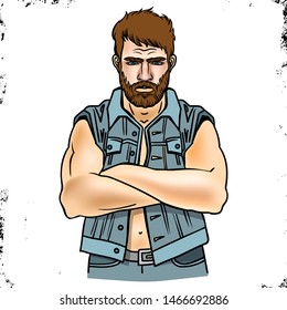 Vector illustration of a brutal bearded man, macho with Old School tattoo folded his arms over his chest