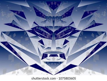 Vector illustration of a brutal monster face made from an abstract geometric pattern on a gradient blue background isolate