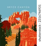Vector illustration Bryce Canyon National Park Utah USA. Design for poster, banner, cover. Travel postcard, travel poster.