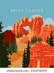 Vector illustration Bryce Canyon National Park Utah USA. Design for poster, banner, cover. Travel postcard, travel poster.