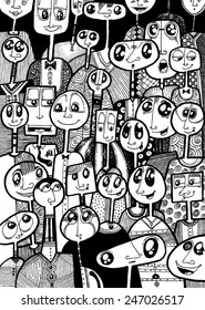 vector - illustration bubble heads, square heads, funny people, cartoon characters, crowd, city - pattern