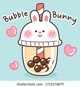 Vector illustration of bubble milk tea in rabbit cup cartoon on blue background.Pearl milk tea doodle style.Cute cartoon hand drawn.Kawaii animal.Image for menu,card,Kid wear,sticker,poster.