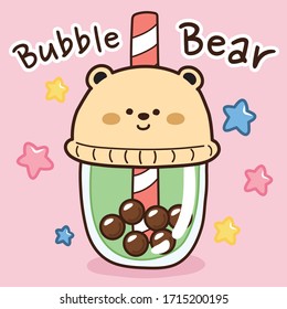 Vector illustration of bubble milk tea in bear cup cartoon background.Pearl green tea doodle style.Taiwanese famous drink.Matcha menu.Cute cartoon hand drawn.Image for card,kid wear,sticker,poster.