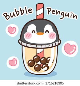 Vector illustration of bubble milk tea in penguin cup cartoon on blue background.Pearl milk tea doodle style.Cute cartoon hand drawn.Kawaii animal.Image for menu,card,Kid wear,sticker,poster.