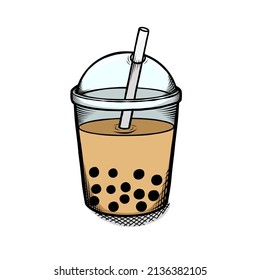 Vector illustration of bubble milk tea with delicious tapioca. Hand drawn style.