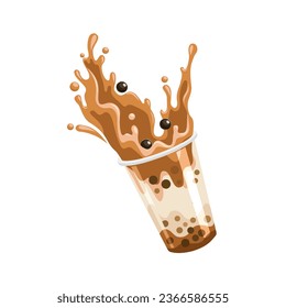 Vector illustration, bubble milk tea, with splashes and black tapioca pearls, isolated on white background.
