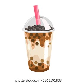 Ilustración vectorial, té de leche de burbuja en una taza de plástico, con la perla de tapioca negra en la parte superior, aislada en el fondo blanco.