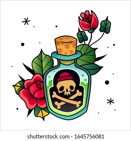 Vector illustration of bubble with poison, flowers in the style of old school tattoos