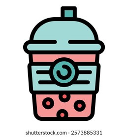 Vector illustration of a bubble tea cup with boba tapioca pearls showing through the plastic lid