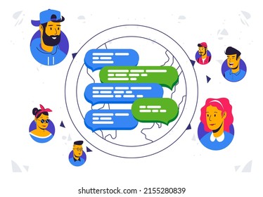 ilustración vectorial de burbujas para un mensaje en un mensajero de chat grupal entre personas de todo el mundo