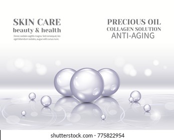 Vector Illustration of bubbles on precious background.Collagen emulsion in water. Silver serum droplets.Package design cosmetic products.