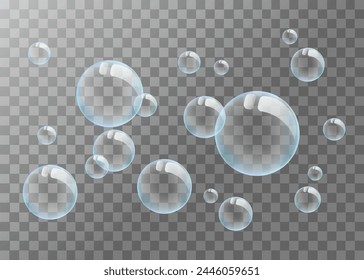 Vector illustration of bubbles on a transparent background. Composition of soap bubbles in blue. Realistic bubbles.