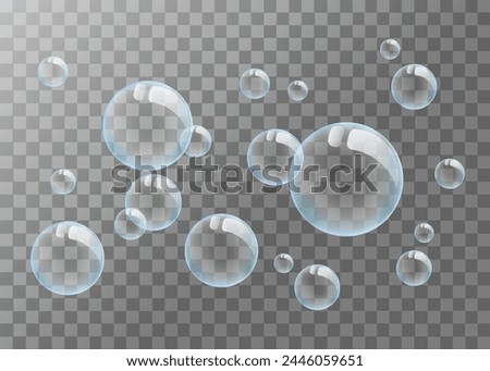 Vector illustration of bubbles on a transparent background. Composition of soap bubbles in blue. Realistic bubbles.