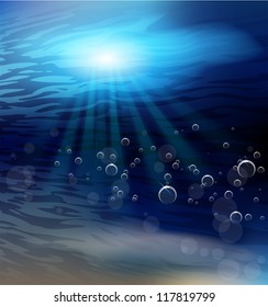 Vector illustration of bubbles under water lighted by the sun