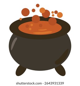 Vector illustration of a bubbling witch cauldron with brown magic potion on white isolated background. Halloween-themed flat style perfect for spooky designs, decor, and party graphics.