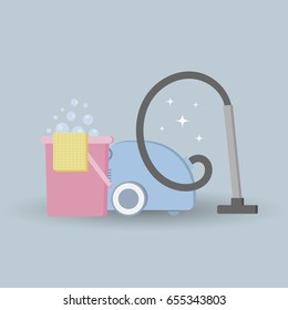 Vector illustration, a bucket of foam, a vacuum cleaner for cleaning the house. Cleaning service.