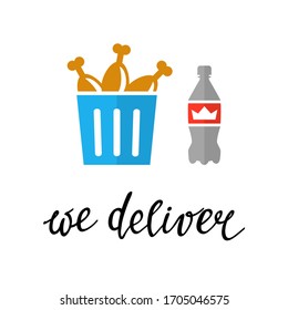 Vector illustration of bucket with fried chicken and drinks isolated on the white background. Food delivery service. Chicken menu with soda, ordering food online. We deliver during quarantine.