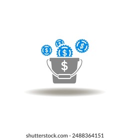 Vector illustration of bucket with money coins. Icon of revenue. Symbol of investments and profits.
