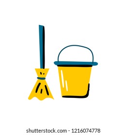 Vector illustration with bucket and mop isolated on white background. The concept of cleaning. Housework icon. Trendy cartoon style. House or office cleaning service background