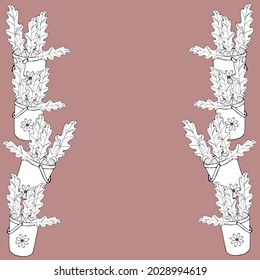 vector illustration bucket with oak twigs and leaves,acorns,black liner on a lilac background,for postcard or invitation