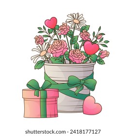 Vektorgrafik von Eimer mit Rosen, Geschenk und Herz. Illustration im Cartoon-Stil für die Dekoration Blumenladen, Design der Karte, Banner, Poster.