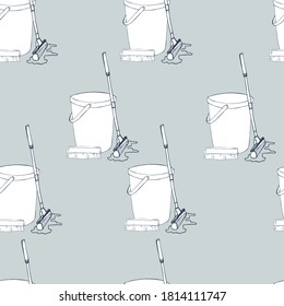 VECTOR ILLUSTRATION BUCKET,MOP,BRUSH AND SPONGE IN WHITE ON A GRAY BACKGROUND