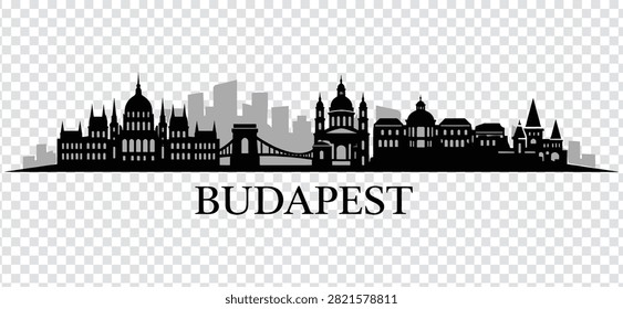 Vector illustration of Budapest city skyline, featuring iconic landmarks like the Hungarian Parliament Building, Chain Bridge, and St. Stephen's Basilica.