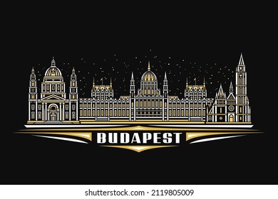 Vector illustration of Budapest, dark horizontal poster with linear design famous budapest city scape on dusk starry sky background, urban line art concept with decorative lettering for word budapest