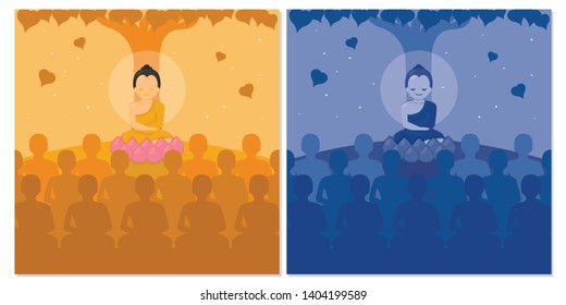 Vector illustration buddha with crowded monks.