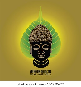 Vector illustration of buddha face with buddhaÃ¢Â?Â?s leaf. Chinese Calligraphy Namo Amitabha, Translation: meaning homage to the Amitabha Buddha & the name Amitabha means boundless light & infinite life.