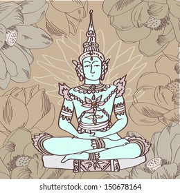 Vector illustration of buddha with lotus in brown