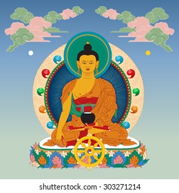 Vector illustration with Buddha in meditation clouds and Wheel of Dharma. Gautama Buddha. 