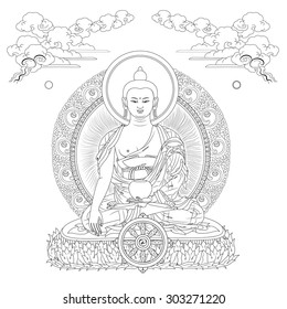 Vector illustration with Buddha in meditation clouds and Wheel of Dharma. Gautama Buddha. Black and white design.