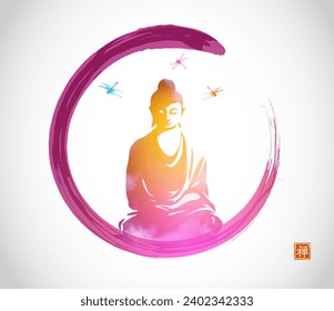 Vector illustration of Buddha in meditation within a vibrant gradient enso circle, symbolizing peace and enlightenment in watercolor style sumi-e. Translation of hieroglyph - zen.