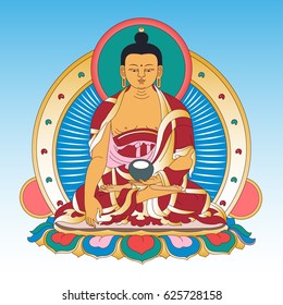 Vector illustration Buddha. Sign for tattoo, textile print, mascots and amulets. Esoteric coloring page. Indian, Hindu motifs.