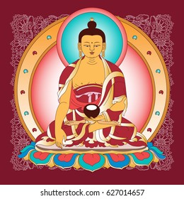 Vector illustration Buddha. Sign for tattoo, textile print, mascots and amulets. Esoteric coloring page. Indian, Hindu motifs.