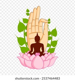 Vector illustration of Buddha sitting on lotus with hand gesture in back on transparent background