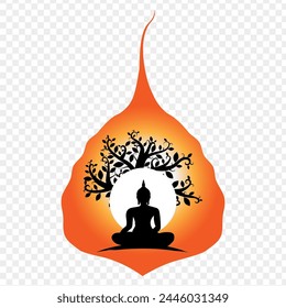 Vector illustration of Buddha sitting under tree silhouette on a peepal leaf with transparent background