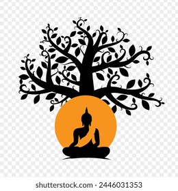 Ilustración vectorial de Buda sentado bajo la silueta del árbol sobre fondo transparente