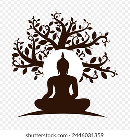 Vector illustration of Buddha sitting under tree silhouette on transparent background