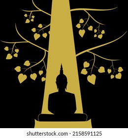 Vector illustration of Buddha statue in black meditating in front of Bothi Tree in gold with leaves isolated on black background 
