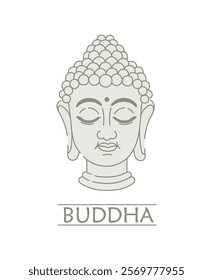 Vector illustration of Buddha's face with closed eyes. Symbolizes calmness, harmony and spiritual enlightenment. Ideal for banners and flyers on meditation, yoga and cultural projects.